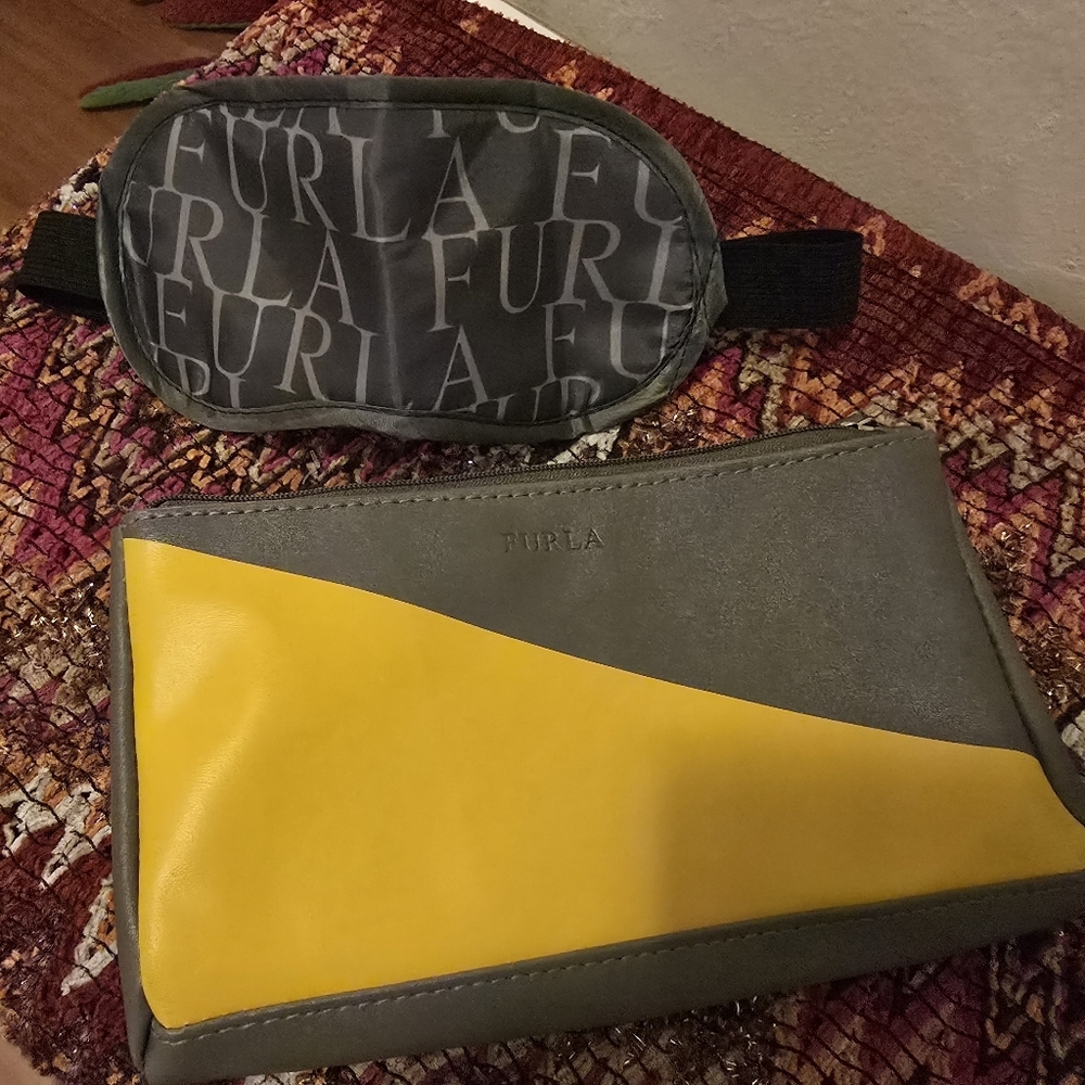 Furla Gray and Yellow Pouch with Eye Mask